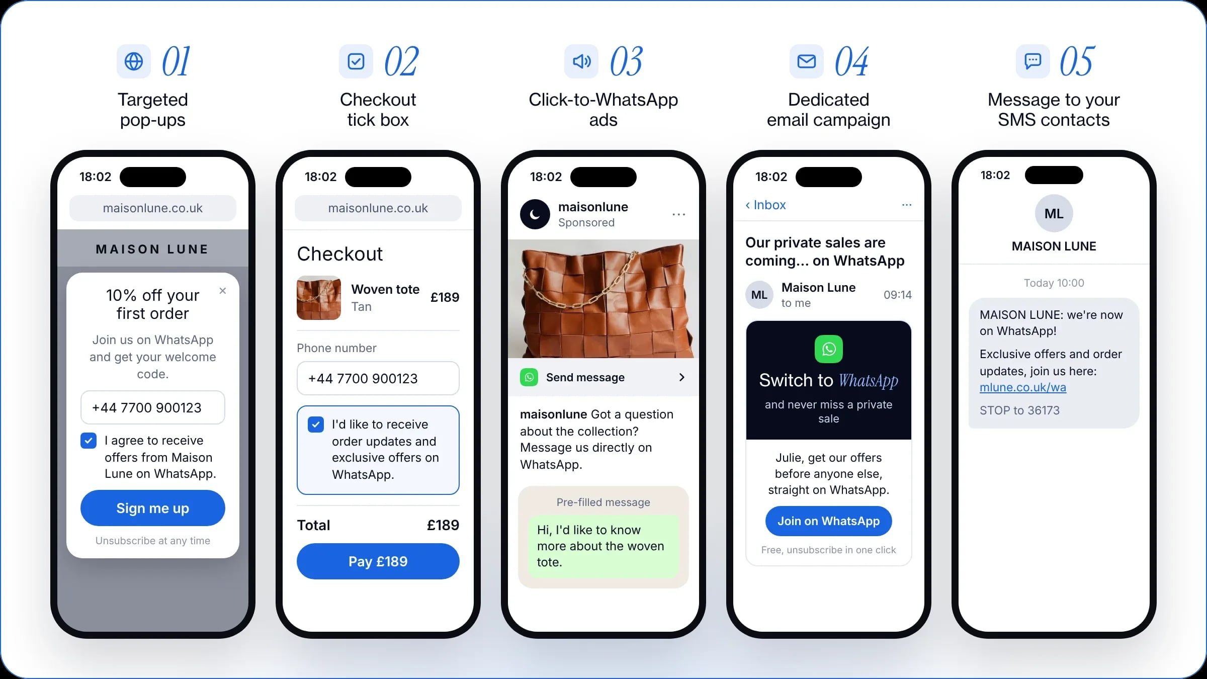 Collecting consent for a WhatsApp campaign: targeted pop-ups, checkout tick box, Click-to-WhatsApp ads, dedicated email campaign and message to your SMS contacts