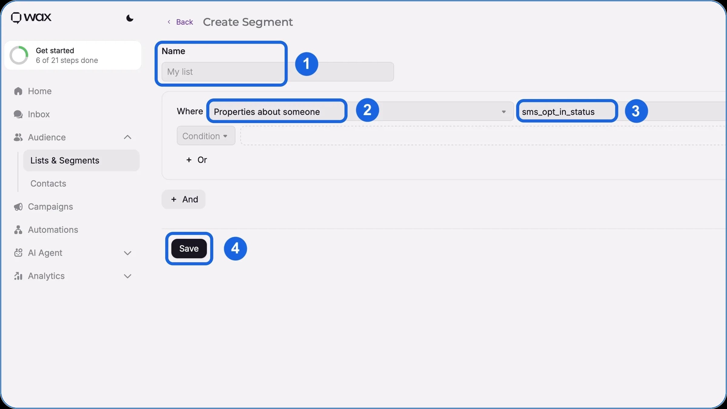 Création d’un segment de contacts dans WAX : nom, propriété, statut d’opt-in SMS et enregistrement