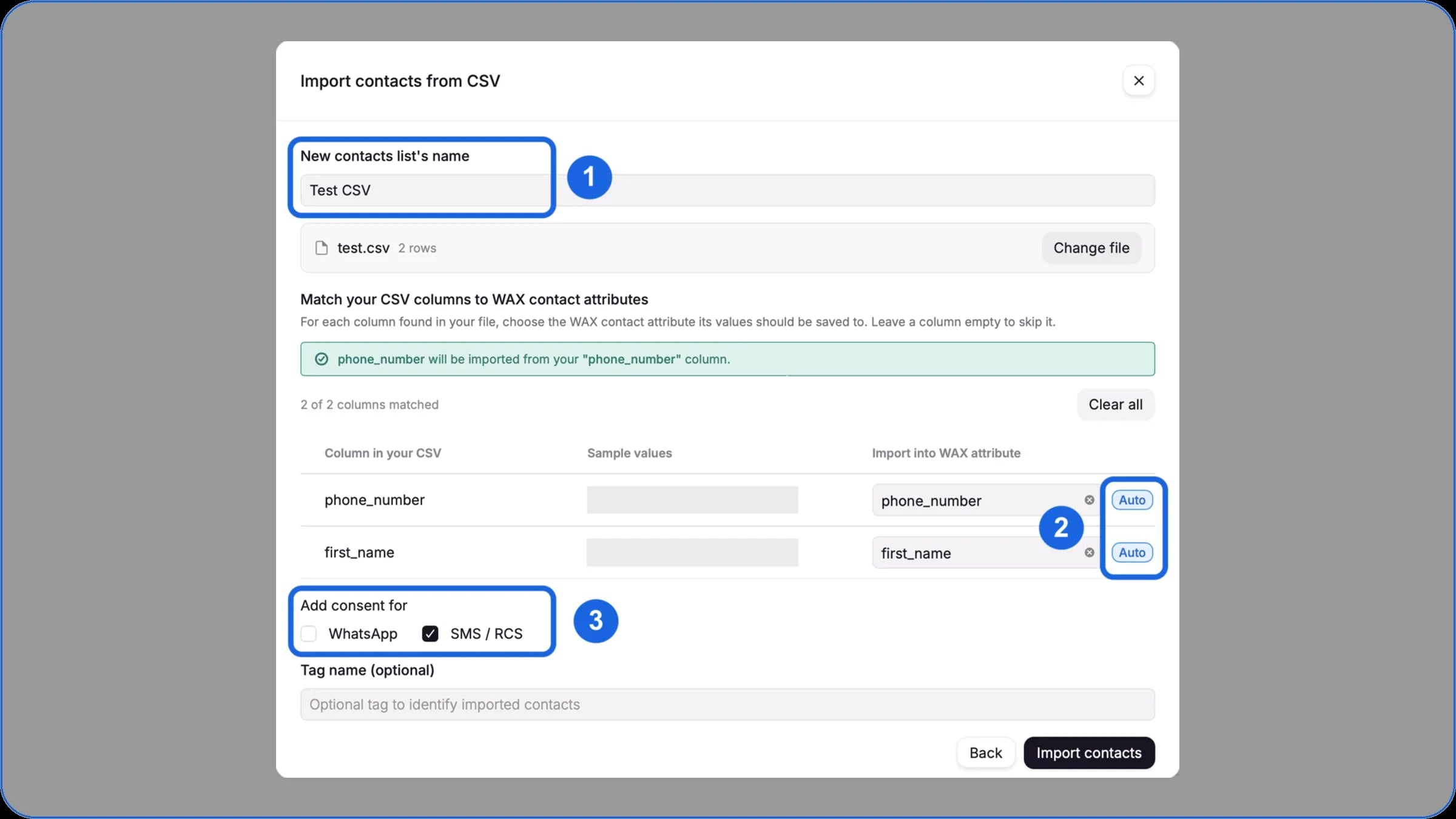 Import de contacts CSV dans WAX : nom de la liste, correspondance des colonnes et consentement SMS