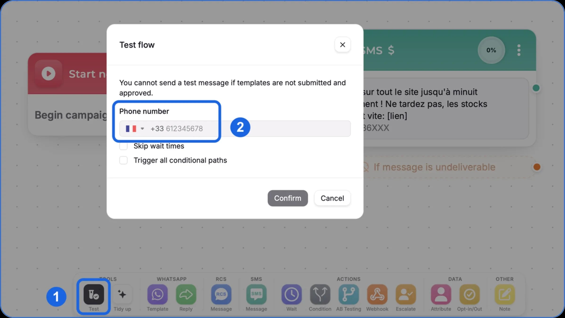 Test d’une campagne SMS dans WAX : bouton Test et numéro de téléphone