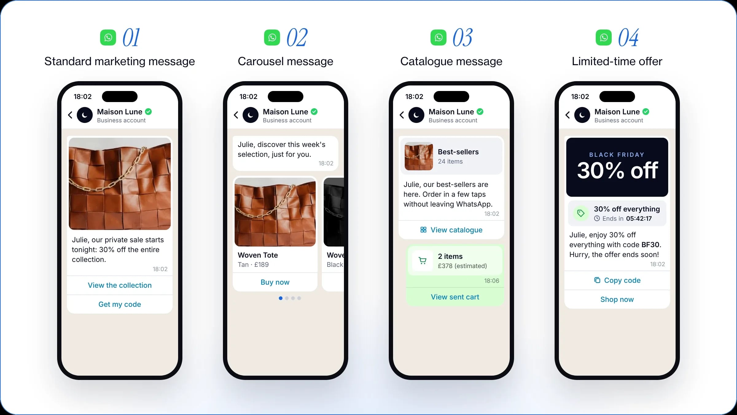 Types of messages for a WhatsApp campaign: standard marketing message, carousel, catalogue and limited-time offer