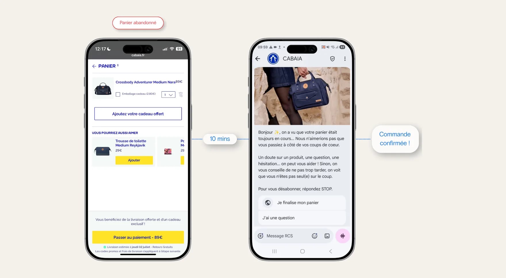 Le panier abandonné de CABAIA : dix minutes après, un message RCS propose de finaliser la commande ou de poser une question