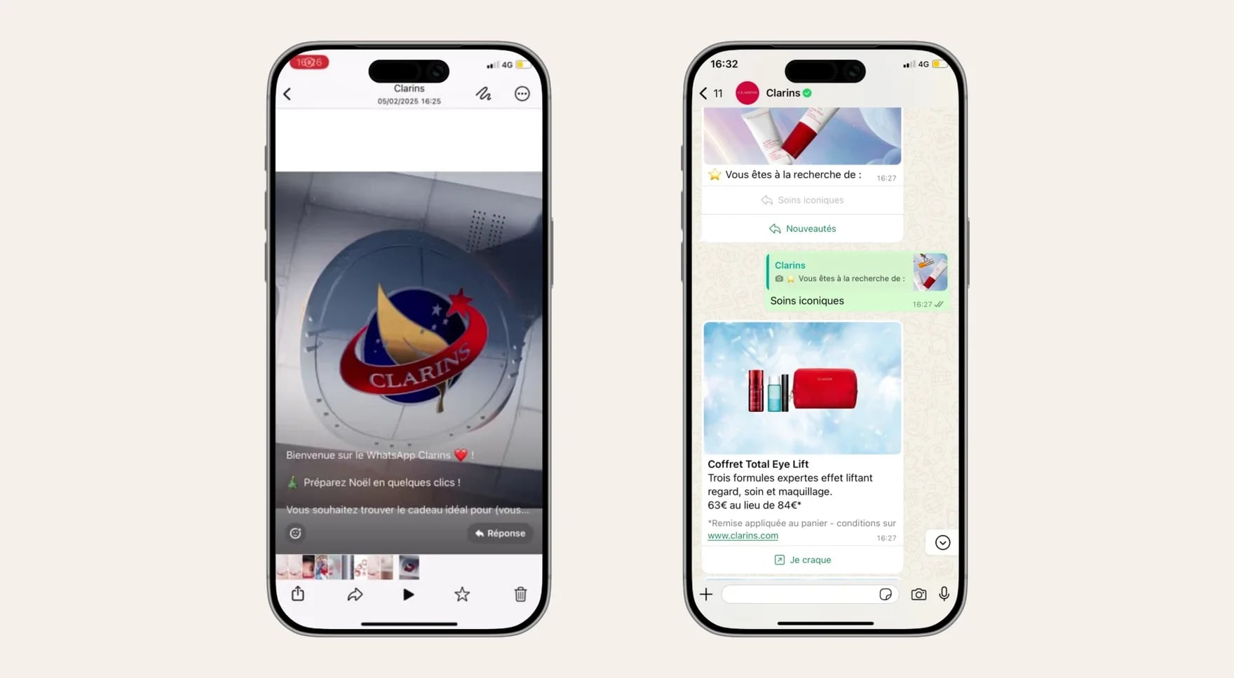 The Clarins Christmas Gift Finder on WhatsApp: a welcome video invites her to get ready for Christmas, then the customer receives a Total Eye Lift gift set matching what she is looking for