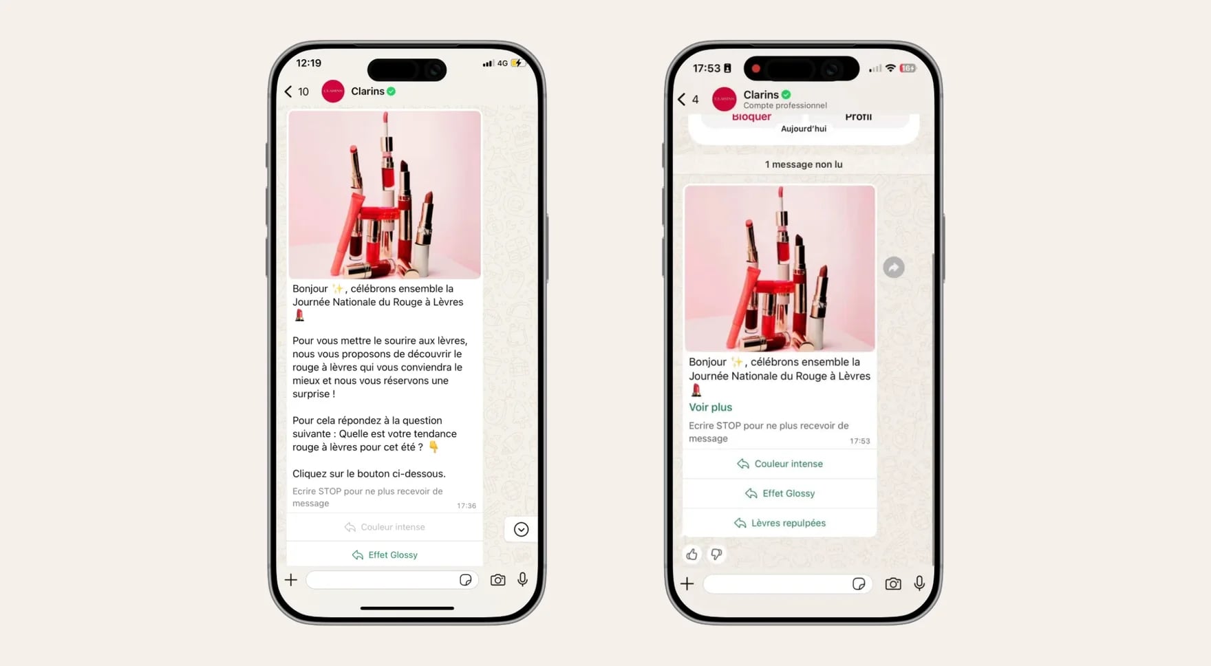 The Clarins WhatsApp campaign for Lipstick Day: a message asking the customer for her lipstick trend, with three answers to choose from: intense colour, glossy effect or plumping lips