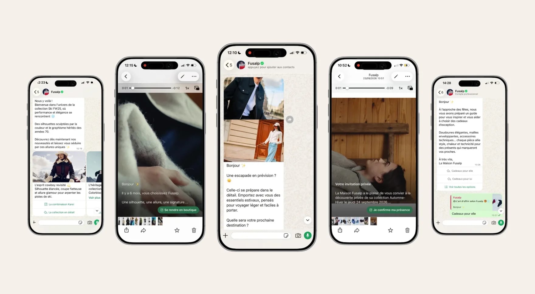 Five Fusalp WhatsApp messages: the Ski collection launch, the order anniversary six months after purchase, a summer collection, a private in-store invitation and the gift guide