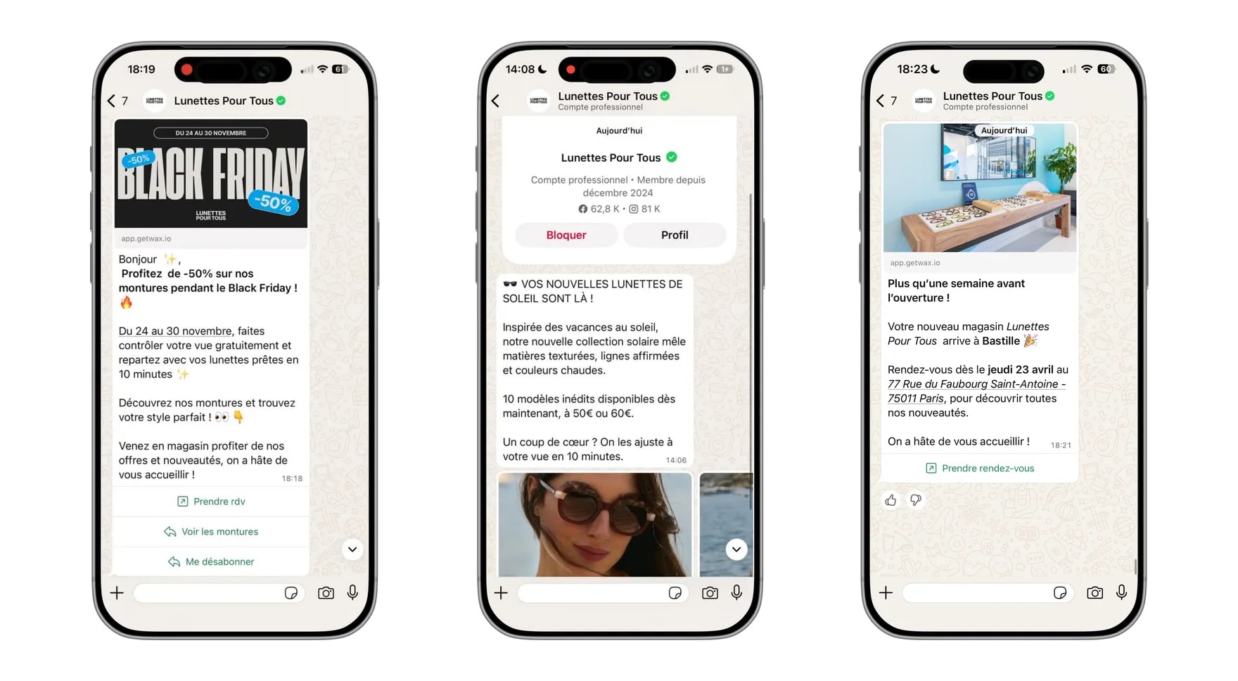 Three Lunettes Pour Tous WhatsApp campaigns: Black Friday with a free eye test, the new sunglasses collection and the opening of the Bastille store
