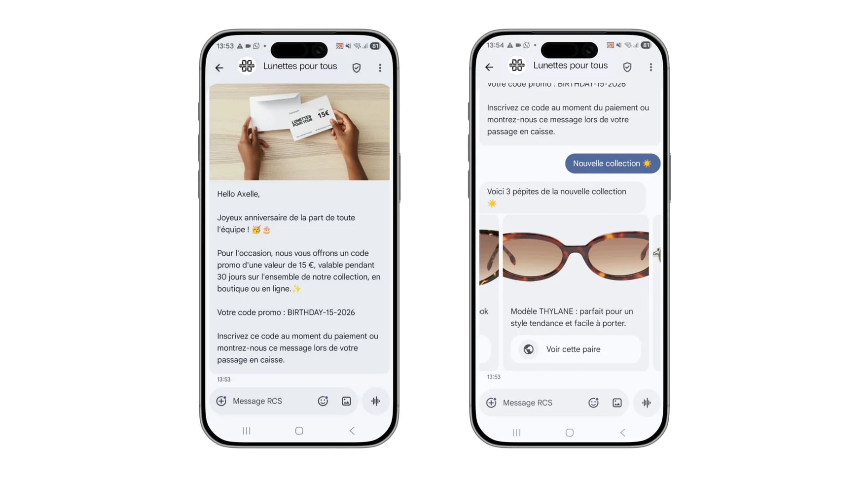 Lunettes Pour Tous birthday message on RCS, with a photo and a €15 code, then WAX AI showing three models from the new collection
