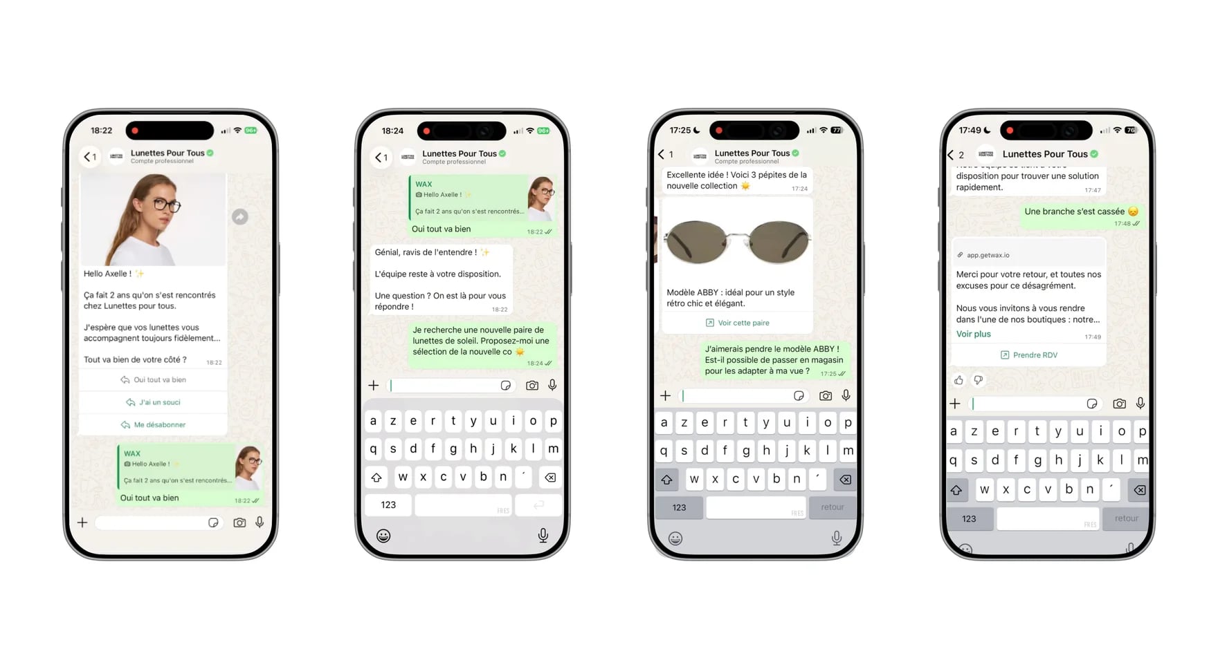 WhatsApp conversation with WAX AI: two years after the purchase, Lunettes Pour Tous checks in, the customer asks for sunglasses, the AI suggests models from the collection, then a customer reports a broken arm and is offered an appointment in store