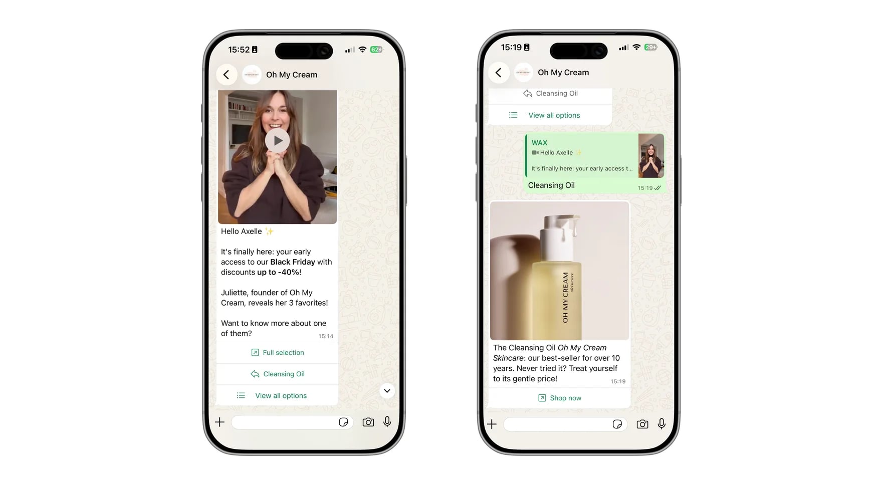 Oh My Cream!'s Black Friday campaign on WhatsApp: the founder's video and her product selection
