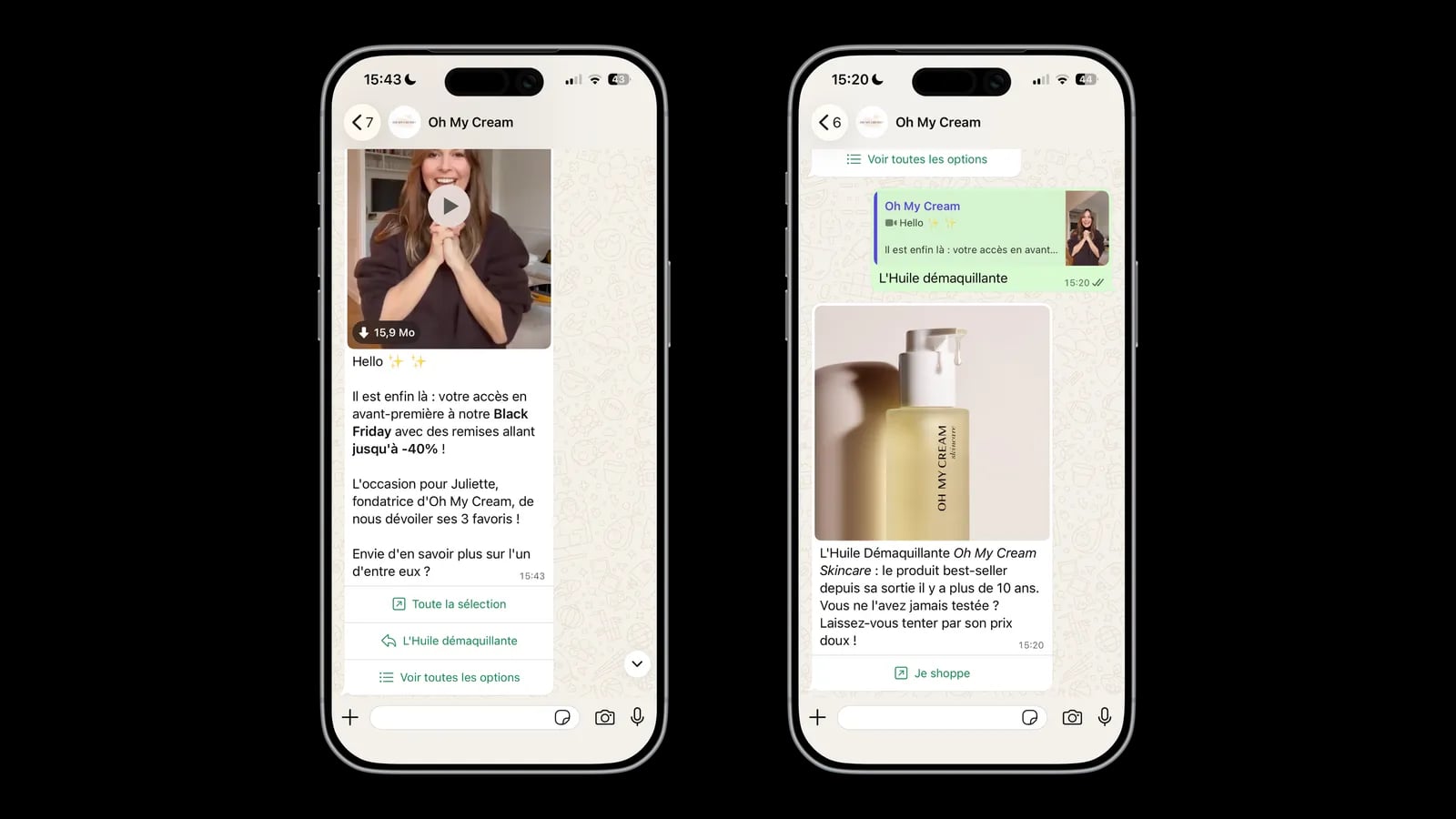 La campagne Black Friday d’Oh My Cream! sur WhatsApp, vidéo de la fondatrice et sélection de produits