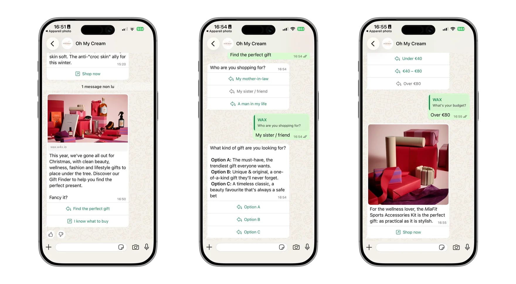 Oh My Cream!'s Gift Guide on WhatsApp, from the advice questions to the recommended selection