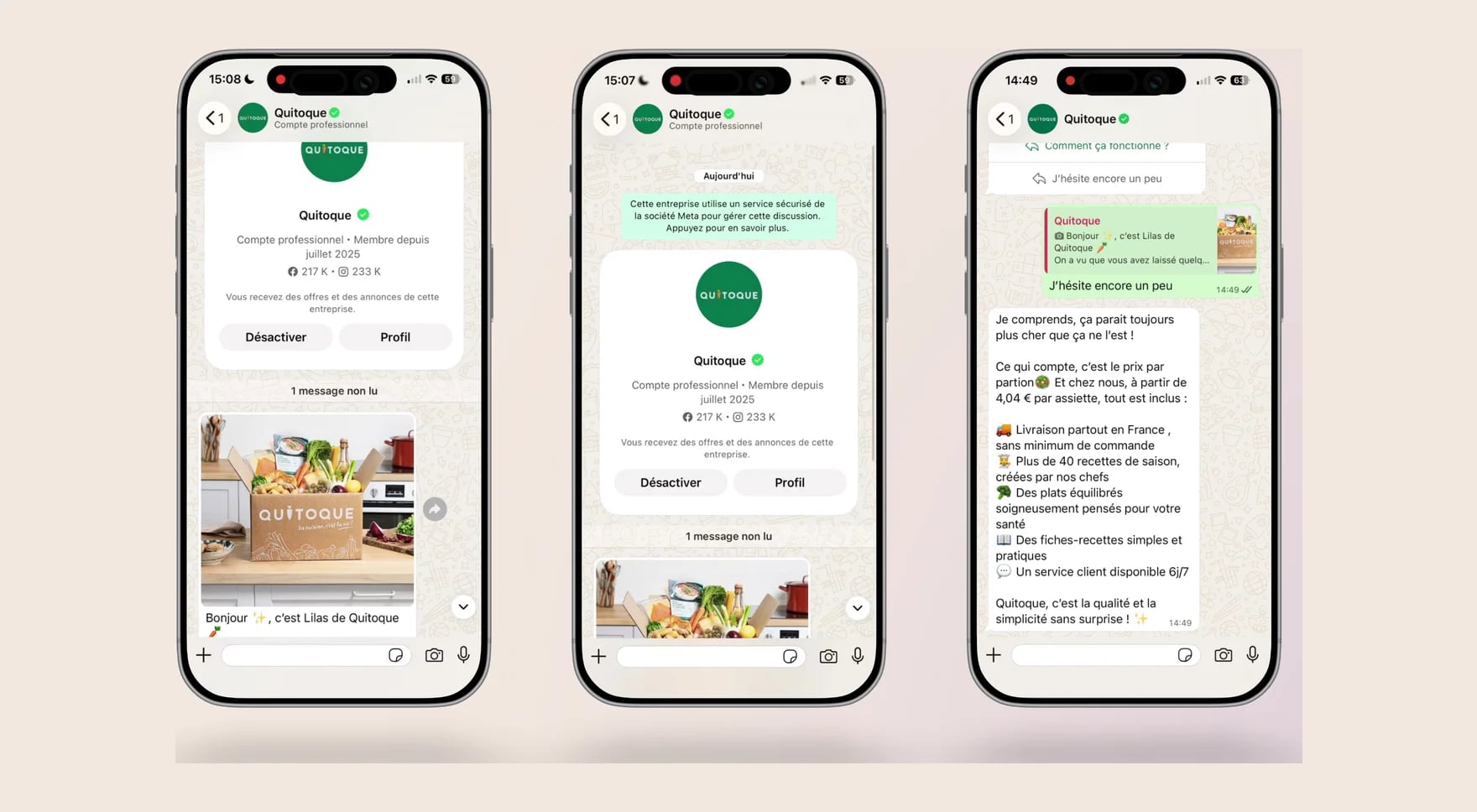 Abandoned-cart reminder on WhatsApp: Quitoque asks the prospect what is holding them back, then answers “I’m still not sure” with the price per plate and what it includes