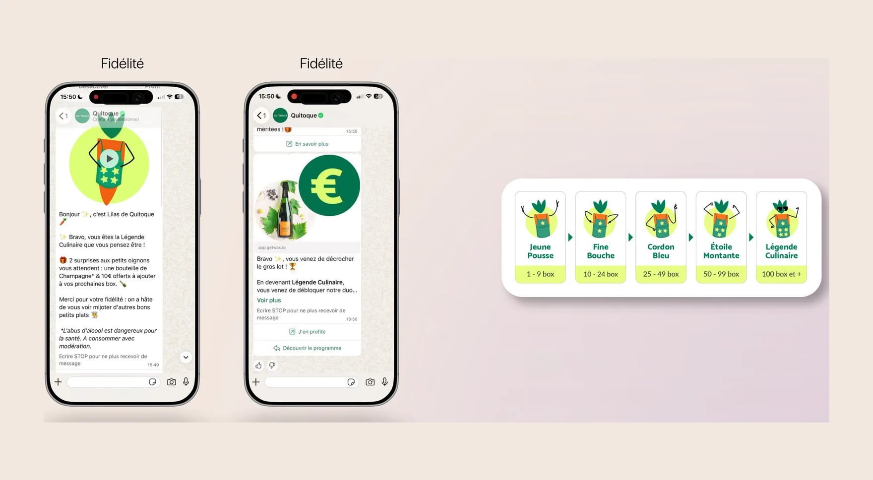 Loyalty programme on WhatsApp: the messages for reaching the Légende Culinaire grade and unlocking a reward, next to the five grades, from Jeune Pousse to Légende Culinaire