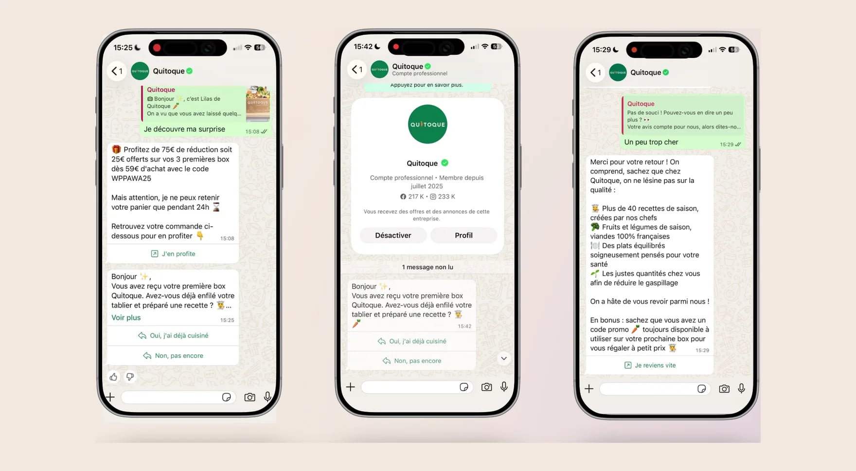 Welcome journey on WhatsApp: after the first box, Quitoque asks the customer whether they have cooked yet, then answers a doubt about the price by recalling the quality of its recipes and the promo code for their next box