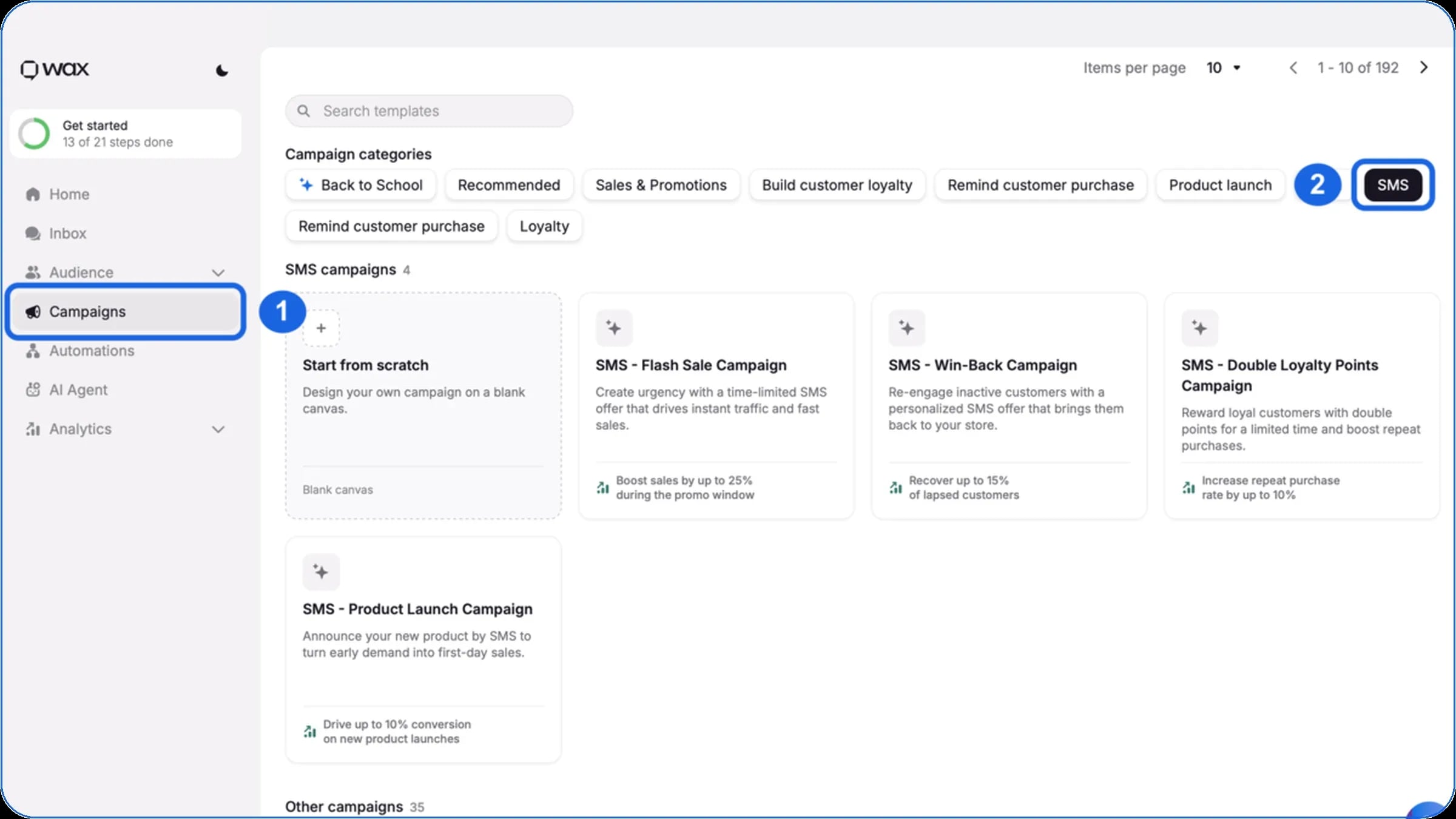 Choosing an SMS campaign template in WAX: Campaigns tab and SMS category