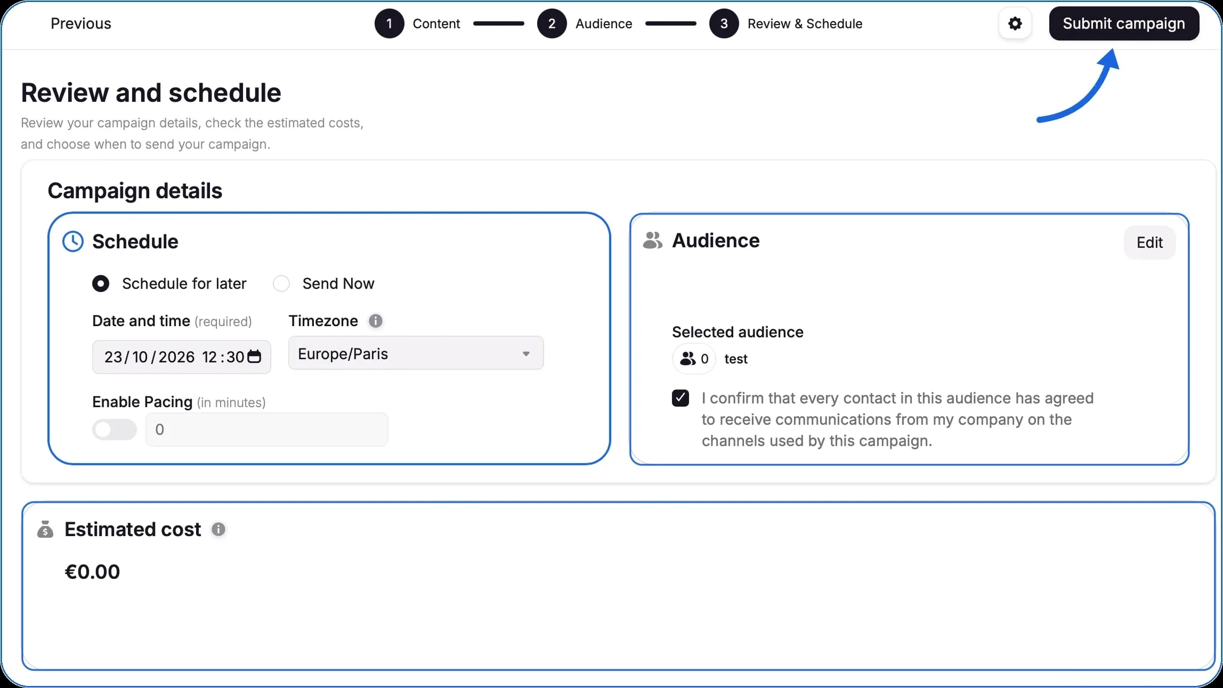 Scheduling an SMS campaign in WAX: send date, audience, estimated cost and Submit campaign button