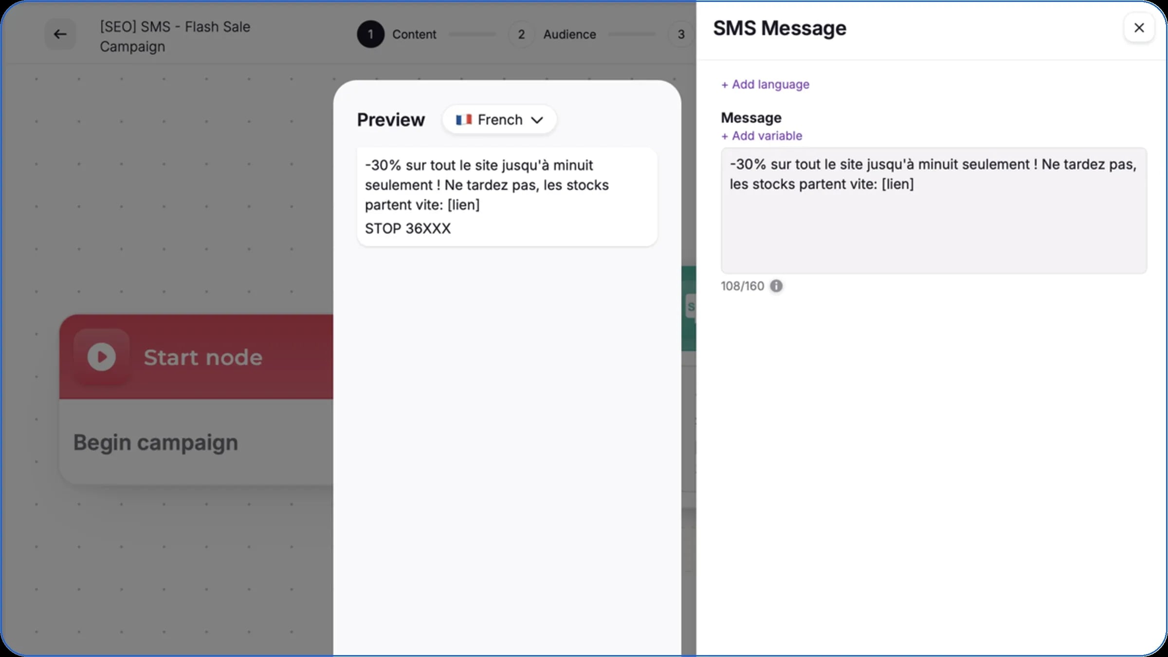 Writing an SMS campaign message in WAX: preview, message and character count