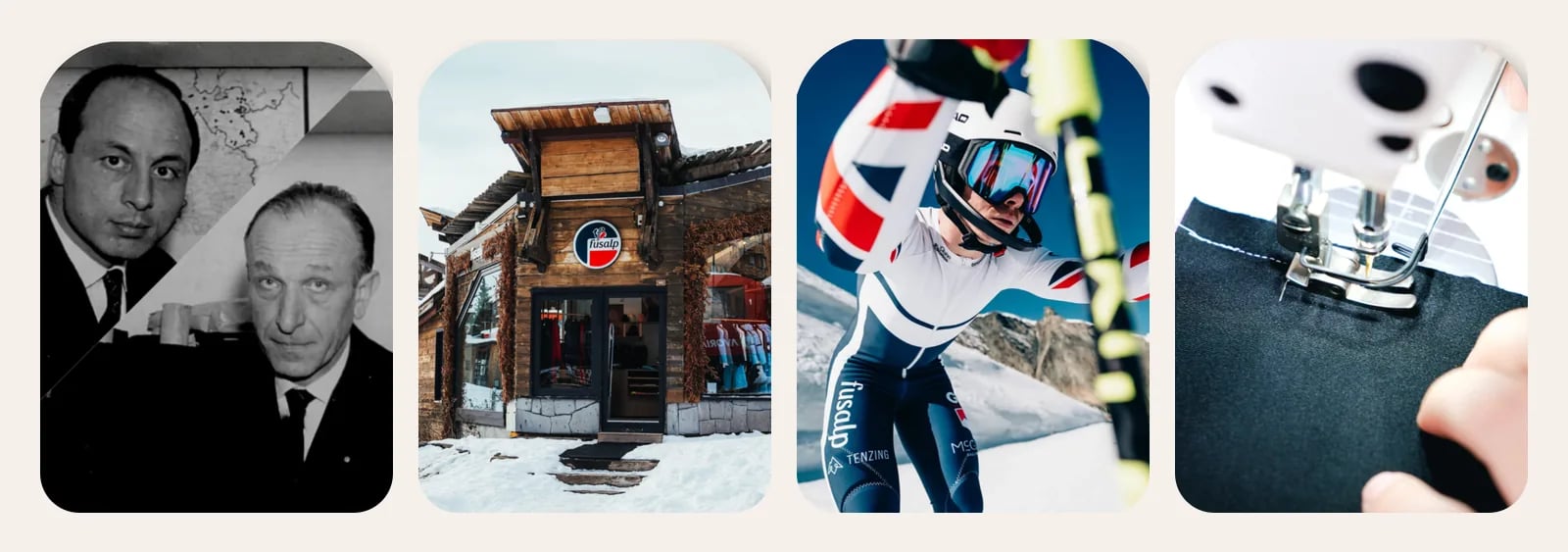 Four photos from Fusalp’s history: founders René Veyrat and Georges Ribola, a Fusalp store in the snow, a GB Team athlete in a Fusalp race suit and a garment being sewn in the workshop