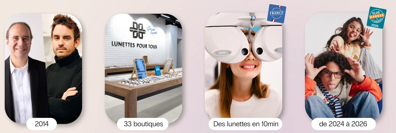 Four photos of Lunettes Pour Tous: its two founders, a store with its frame tables, an eye test and two children wearing the brand’s glasses