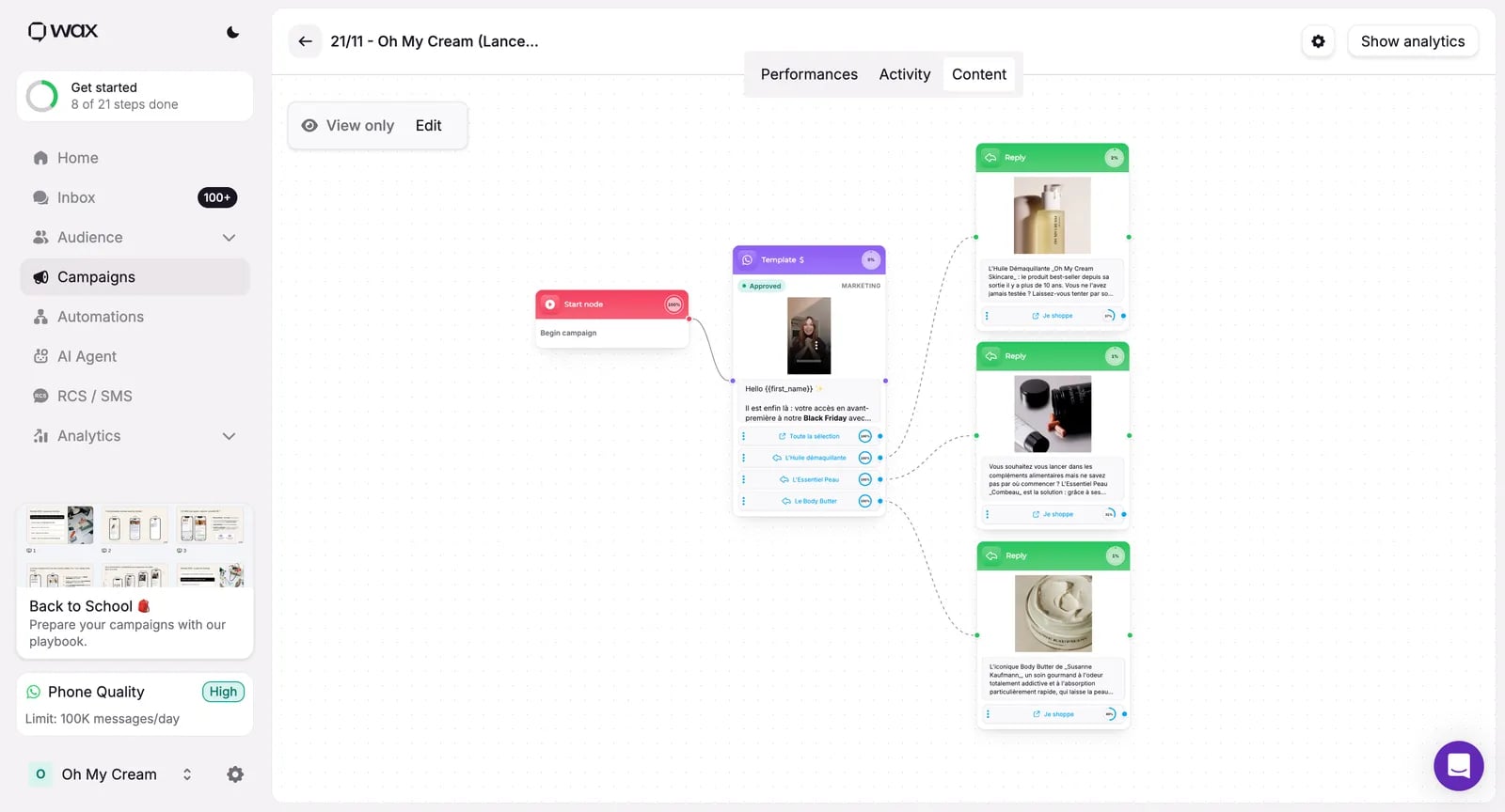The Oh My Cream! campaign journey, built in WAX